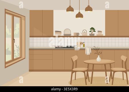 Modern kitchen interior with dining table and chairs in japandi style vector illustration. Stock Vector