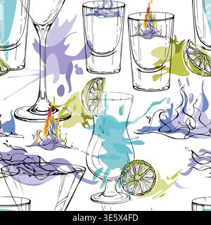 Flaming Sambuca, martini, vodka shots, Aviation and Ocean Breeze, electric lemonade. Cool cocktail tile hand drawn seamless pattern for nightlife Stock Vector