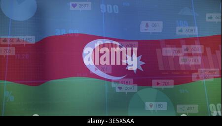 Displaying Azerbaijan flag waving over data UI, showing crescent eight-pointed star, charts, icons Stock Photo