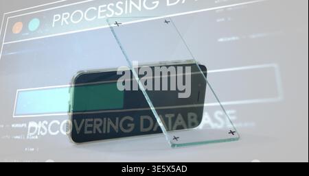 Displaying smartphone with case lying flat on white tabletop, showing glass panes and GUI overlays Stock Photo