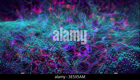 Rippling luminous particle wave field shifting in virtual 3D space, with point cloud ribbons Stock Photo