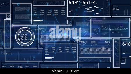 Displaying dashboard UI showing translucent panels, circular gauge, waveform graphs, numeric tables Stock Photo