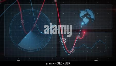 Displaying large radar circle scanning left on dark HUD, tracking red cyan waveforms, copy space Stock Photo