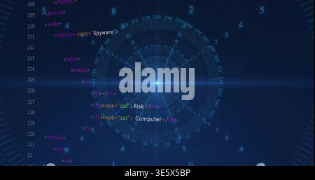 Glowing concentric ring HUD emitting central light flare and floating source-code in security UI Stock Photo