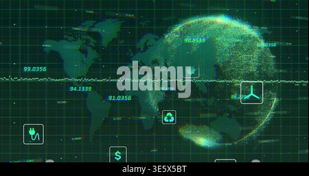 Displaying particle globe streaming telemetry on digital dashboard, showing world map, grid, icons Stock Photo