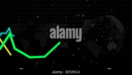 Displaying neon green angular line on dashboard, showing cyan spike, yellow segment, dotted globe Stock Photo
