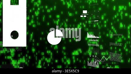 Displaying white pie chart icon floating in digital analytics HUD, with neon green pixel cascades Stock Photo