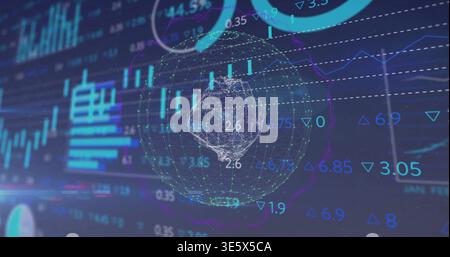 Displaying wireframe sphere rotating on trading dashboard, with candlesticks and numeric labels Stock Photo