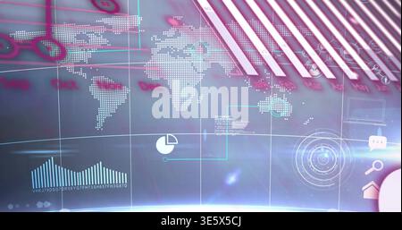 Projecting multi-panel digital dashboard on curved screen in command hub, dotted map and radar HUD Stock Photo