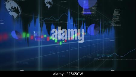 Displaying centered candlestick and blue area chart on trading dashboard, with green red bars Stock Photo