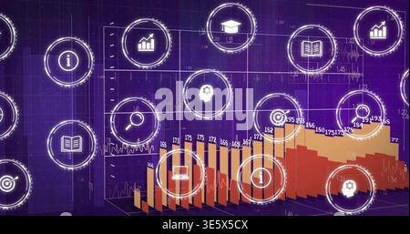 Displaying central 3D bar chart and floating UI icons on virtual analytics dashboard, with labels Stock Photo