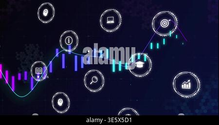 Displaying data visualization centered at dashboard, showing candlestick bars, neon line, icons Stock Photo