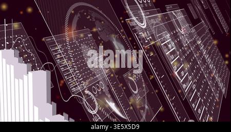 Floating overlapping panels displaying graphs, gauges and vertical bars in maroon 3D dashboard Stock Photo