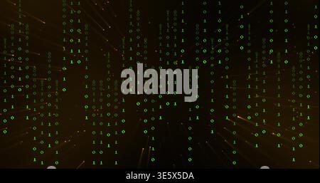 Streaming field cascading glowing green digits in code columns through data field with amber sparks Stock Photo
