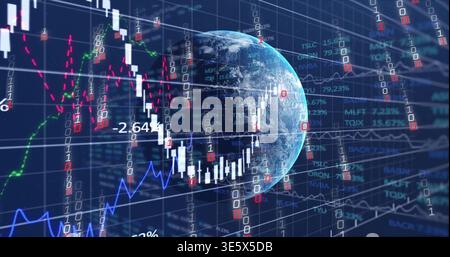 Rotating Earth globe showing candlesticks, percent labels, binary columns and grid in dashboard Stock Photo
