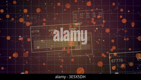 Floating wireframe keyboard displaying HUD over burgundy grid, showing coin icons, numeric labels Stock Photo