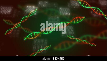 Glowing neon green DNA double helix dominating center in dark virtual lab, showing dot-matrix grids Stock Photo