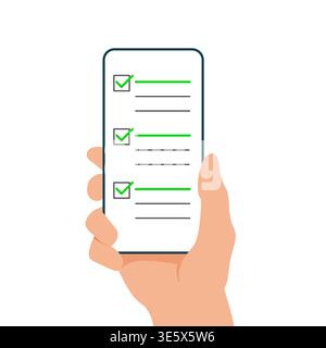 Vector icon of a checklist displayed on a smartphone screen with a hand holding the phone, designed in a clean outline flat style to represent task Stock Vector