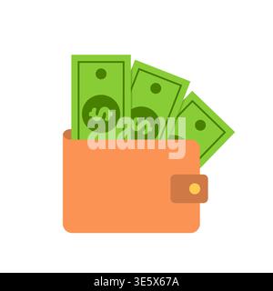 Wallet with paper bills icon in a clean flat style showing banknotes inside an open wallet, isolated on a simple background and designed to represent Stock Vector