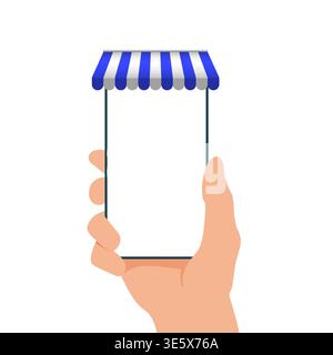 Hand holding a mobile smartphone with a shopping app displaying fashion items on the screen, illustrating the concept of online shopping, digital Stock Vector