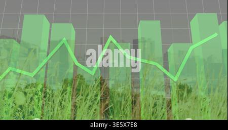 Displaying translucent green 3D bar chart with neon line over grassy foreground, grey grid skyline Stock Photo