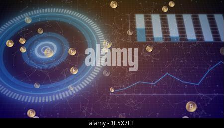 Displaying large blue circular HUD on left in virtual dashboard, with gold Bitcoin icons and mesh Stock Photo