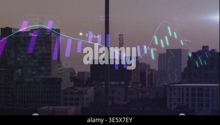 Displaying city skyline through office window mullion, showing candlestick bars, antenna, flare Stock Photo