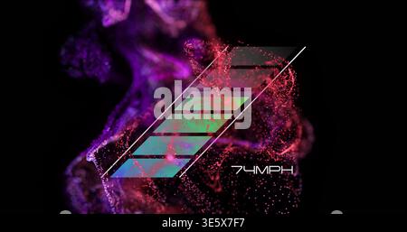 Floating slanted logo of five colored bars on black background, showing magenta nebula and 74MPH Stock Photo