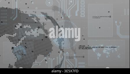Displaying dotted globe and HUD elements on virtual display, featuring reticle and circuit traces Stock Photo
