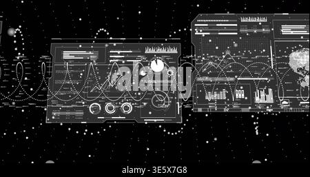 Hovering translucent dashboard panels displaying charts and gauges in virtual space, with map Stock Photo