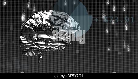 Floating chrome brain model reflecting grid in dark matrix, showing radial chart and binary digits Stock Photo