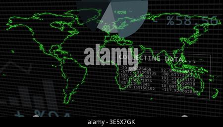 Displaying neon green world map outline centered on monitor, showing faint data panel and gridlines Stock Photo