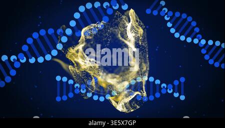 Swirling golden vortex glowing at center on deep navy gradient, with blue DNA helices and specks Stock Photo
