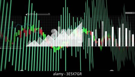 Displaying financial chart centered on screen, showing candlestick, teal histogram, white area Stock Photo