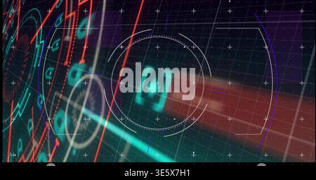 Displaying central circular reticle and glowing teal square over HUD grid, showing neon motion Stock Photo