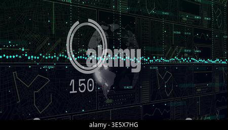 Displaying stylized globe overlaying concentric gauge on dark dashboard, showing 150 and cyan axis Stock Photo
