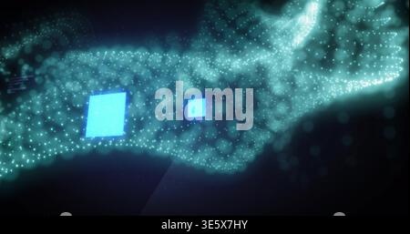 Flowing turquoise particle ribbon sweeping across dark digital void, showing glowing blue squares Stock Photo
