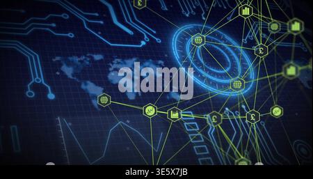 Displaying network on virtual dashboard, showing neon hex nodes, blue concentric target, world map Stock Photo