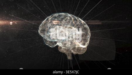 Glowing hologram wireframe brain hovering in dark studio with nodes, links, radial beams, particles Stock Photo