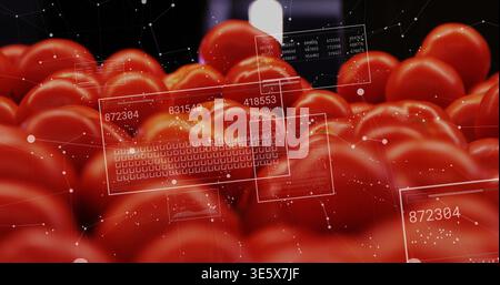 Glowing glossy red spheres filling studio close-up, showing HUD panels with numbers and nodes Stock Photo