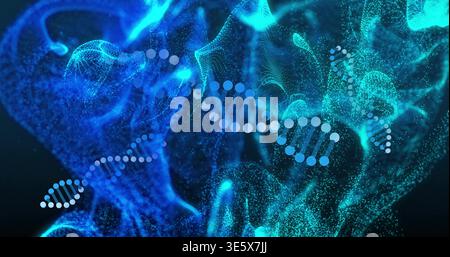Floating stylized DNA double helix weaving through abstract particle cloud, showing glowing nodes Stock Photo