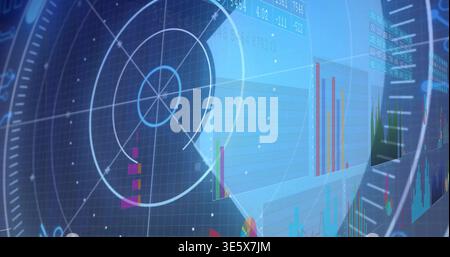 Displaying layered data visuals pulsing across virtual console, with radar reticle and charts Stock Photo