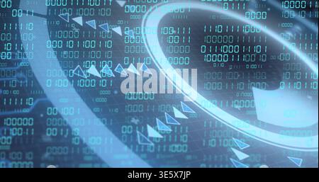 Displaying glossy circular ring on right at virtual HUD, showing binary matrix and chevron icons Stock Photo
