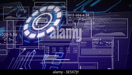 Projecting centered holographic circular hub glowing over virtual dashboard, displaying code panels Stock Photo