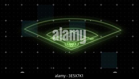 Floating neon-green baseball diamond with home plate hovering over black grid, blue panels, halo Stock Photo
