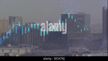 Displaying city skyline overlaying candlestick chart in city center over office towers, data labels Stock Photo