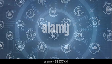 Displaying central circular HUD on virtual dashboard, showing wrench tool and system icon badges Stock Photo