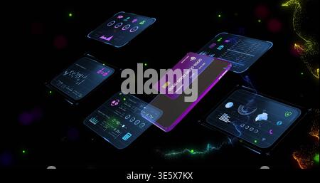 Floating purple contactless card with chip hovering over smartphone in digital void, with UI panels Stock Photo