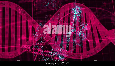 Twisting stylized DNA double helix glowing across digital lab display, with cyan particle clusters Stock Photo