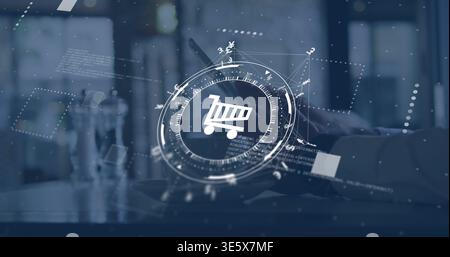 Displaying circular HUD showing shopping cart icon on office desk, laptop, glass, dark long-sleeve Stock Photo